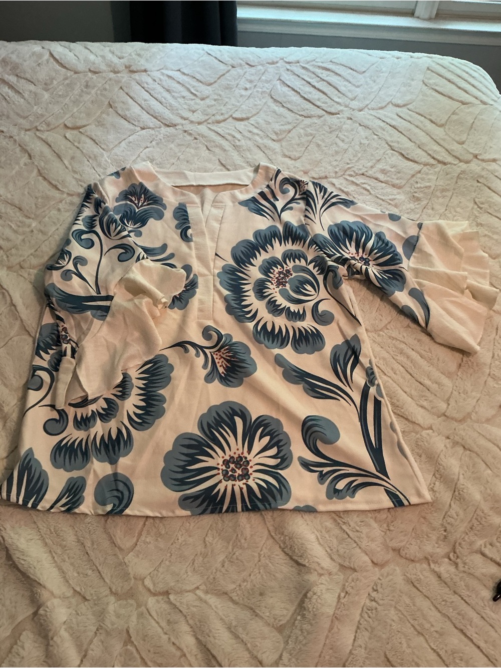 Women’s Cream Floral V-Neck Blouse with Blue Print